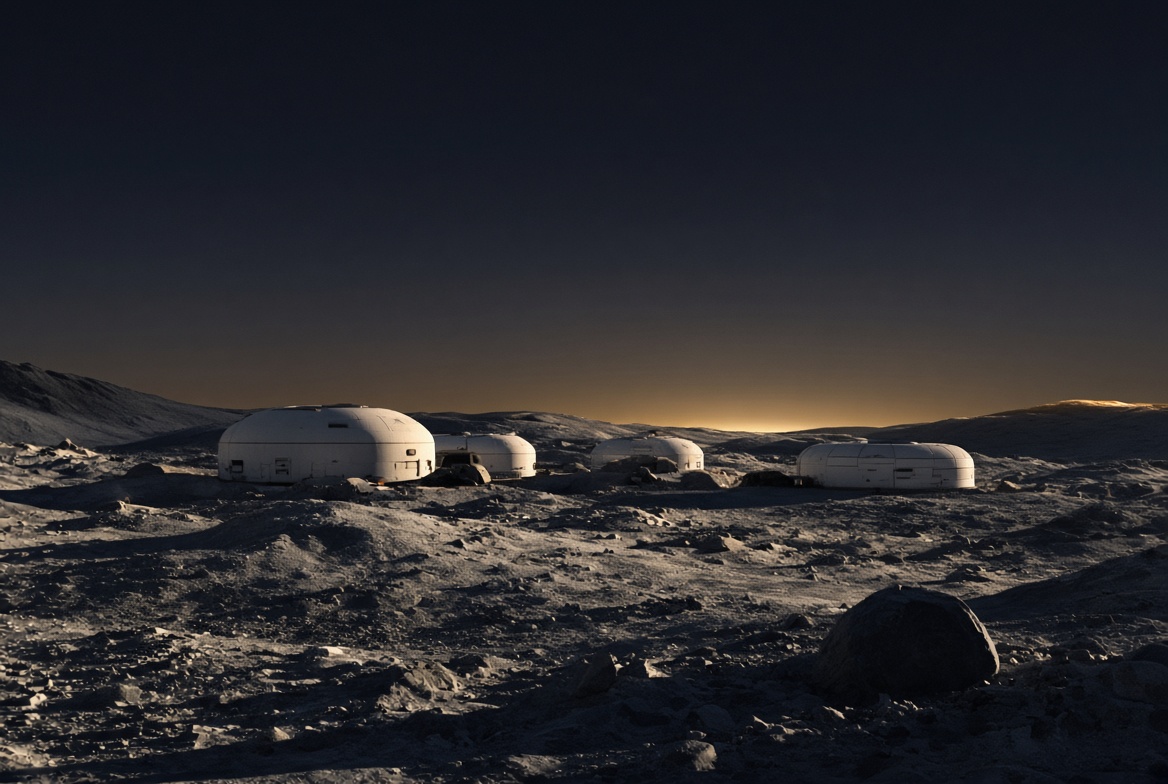 A quiet settlement on the Moon at dusk